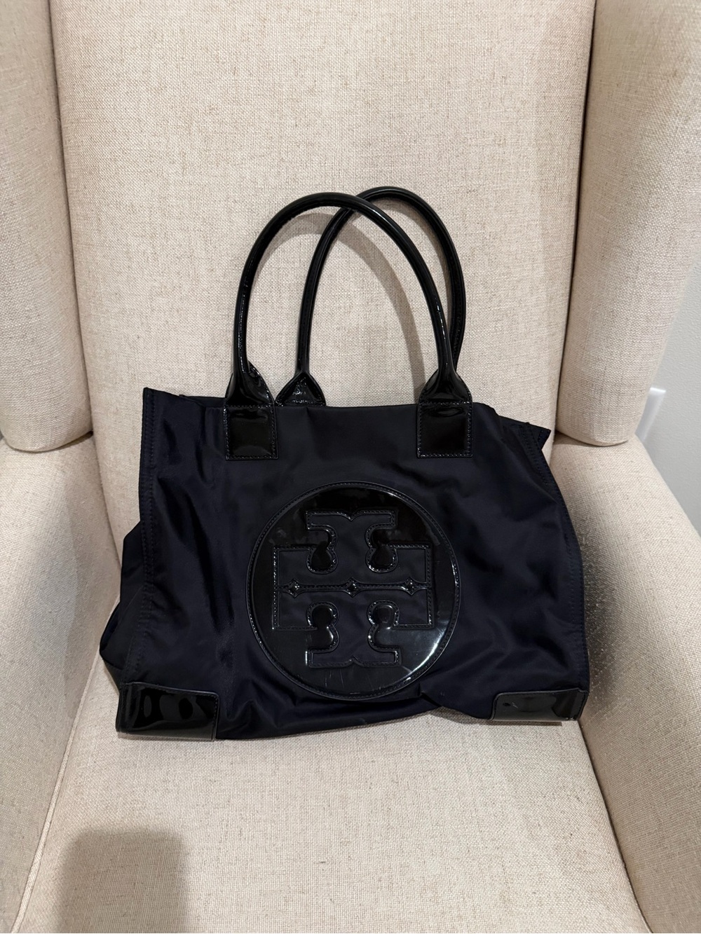 Tory Burch Black Nylon Tote with Patent Logo and Handles